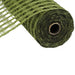 The 10 Olive Green Poly Burlap Check Mesh RP812889 lies partially unrolled, revealing a grid-like pattern with tightly wound layers around a visible cardboard core. Its vibrant color and texture stand out against the plain white background.