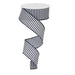 The 1.5 Navy Blue White Horizontal Lines Ribbon RX9141N9 elegantly unravels in a spiral, revealing its sleek, classic pattern that enhances its charm. The spools visible cylindrical top adds sophistication to the presentation.