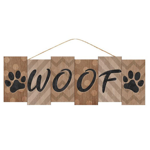 The 14 Wood Block Woof Sign AP7030 features WOOF in bold black letters on separate MDF planks with paw prints at the ends. It hangs by a string, bringing a playful charm to any space.
