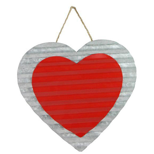 The 12 Corrugated Tin Double Heart Wall Hanging (HV910672) is a heart-shaped piece featuring vibrant red hearts in the center, elegantly suspended by a thin rope.