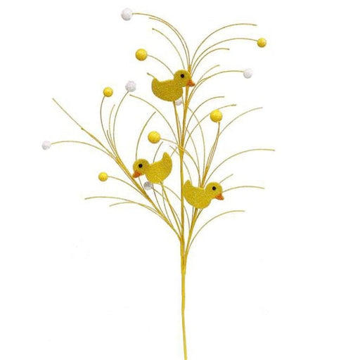 The Glitter Yellow Duck Twig Spray MN0013 showcases yellow glittery ducks perched on golden stems, accented by small Styrofoam white pom-poms.
