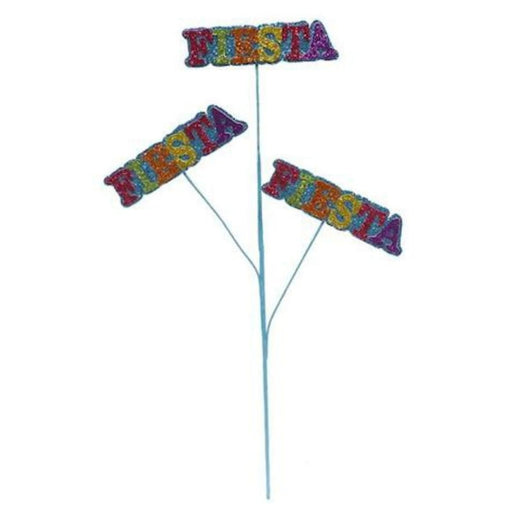 The 25 Glitter Fiesta Spray MN0036 features three branches topped with colorful, glittery FIESTA signs in vibrant red, purple, blue, and orange on a white background, adding sparkle and charm to your celebration.