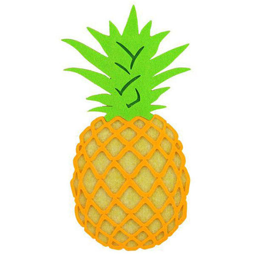 The 12 Flat Felt Foam Pineapple MS1591 features a colorful, stylized pineapple with a yellow body, green spiky leaves on top, and an orange crisscross pattern mimicking traditional pineapple texture.