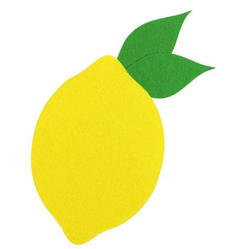 A simple illustration of the 12 Yellow Flat Felt Lemon with Leaves (MS1593), featuring a bright yellow lemon and two green leaves on a plain white background.