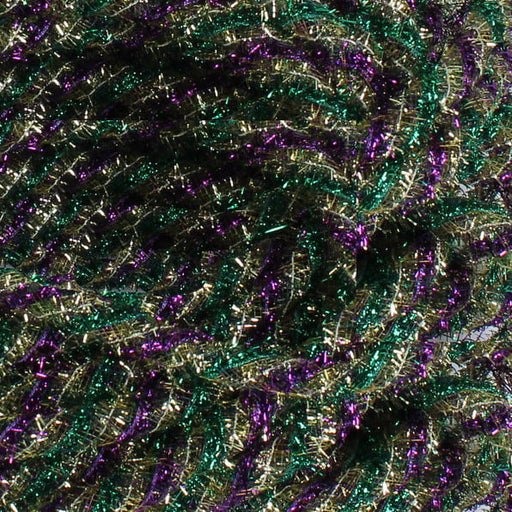 Close-up of Gold Purple Emerald Tinsel Flex Tubing Mardi Gras RE3543J4, showing overlapping coils in festive green, gold, and purple metallic colors for a vibrant textured look.