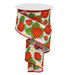 The 2.5 Strawberries Ribbon RGA118427 features a vibrant strawberry pattern with green leaves and small white flowers on a white background, highlighted by red wire edges, and is partially unspooled.