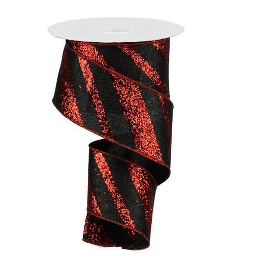 The 2.5 Red Black Giant Glitter Diagonal Stripe Ribbon RGA1295CM features red and black diagonal stripes with a polyester wire edge, allowing easy shaping. Unrolled, it reveals its shimmering glitter texture.