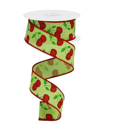 The 1.5 Bright Green Red Cherries Ribbon RGA16431A features a red cherries and green leaves pattern on a bright green polyester background, with a wire edge. Unwound in a spiral, it beautifully showcases its charming design.