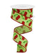 The 1.5 Bright Green Red Cherries Ribbon RGA16431A features a red cherries and green leaves pattern on a bright green polyester background, with a wire edge. Unwound in a spiral, it beautifully showcases its charming design.