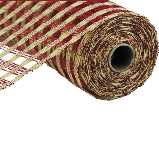 A close-up of a rolled spool of 10 Beige Cranberry Poly Burlap Check Mesh (RP8121F7), partially unrolled to display its red and beige plaid windowpane weave.