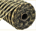 A close-up image showcases the 10 Beige Black Poly Burlap Check Mesh RP8121F8, displaying a pattern of interlaced black and natural straw-colored fibers. The partially unwound roll reveals the textured design typical of open weave mesh.