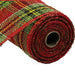 The 10 Red Lime Yellow Plaid Poly Burlap Check Mesh RP8140 is a durable, slightly see-through decorative ribbon with a red, lime, and yellow plaid pattern, tightly wound on a cardboard tube.