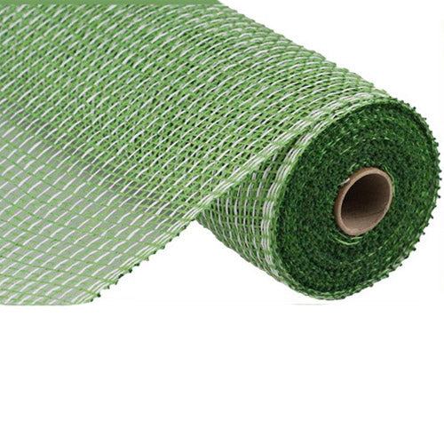 A partially unrolled 10 Lime Green White Multi Poly Burlap Mesh (RP815943) is displayed on a white background.