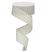 A spool of wire edge ribbon with grey and white horizontal lines, partially unwound and coiling downward, set against a white background.