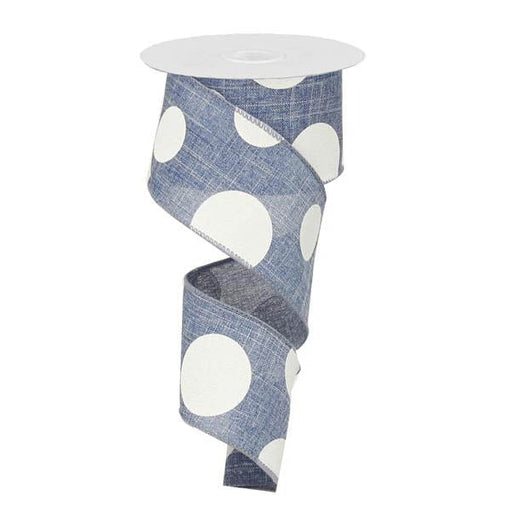The 2.5 Large Multi Dot Blue Denim White Ribbon RX914365 elegantly unfurls, featuring a blue denim-like texture with playful white polka dots. Made from 100% polyester, this ribbon cascades gracefully as it spirals from the spool.