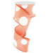 The 2.5 Large Multi Dot Coral White Ribbon RX914376, made of polyester with a wire edge, features a bright orange background and large multi-colored dots, partially unrolled against a white background.