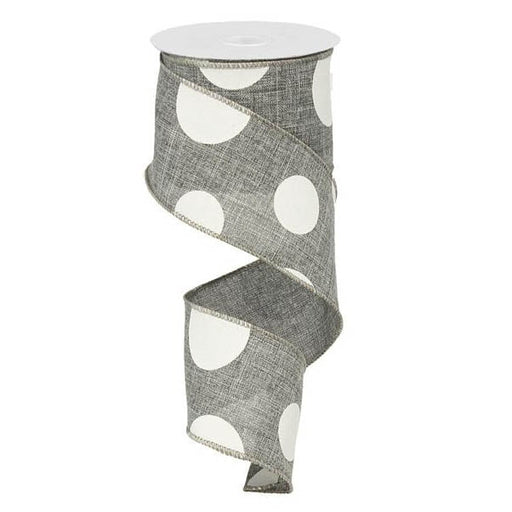 A curled, 2.5 spool of gray polyester ribbon with large white polka dots and wire edges is featured in the product 2.5\ Large Multi Dot Grey White Ribbon RX9143R7.