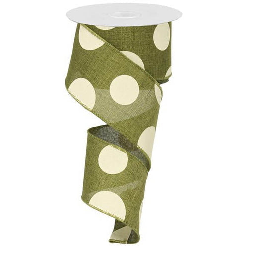 A spool of the 2.5" Large Multi Dot Moss Green Ivory Ribbon (RX9143TW), made from 100% polyester and featuring large ivory polka dots, is neatly coiled with one end hanging.