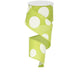 A 2.5 Large Multi Dot Lime Green White Ribbon RX9143WW, made of polyester with wire edges for structure, hangs spirally unwound against a plain white background.