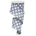 The 2.5 Medium Multi Dot Denim Blue White Ribbon RX914665 features a wire edge for easy shaping and is partially unwound, forming a loose spiral below the spool.
