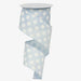 The 2.5" Medium Multi Dot Light Blue White Ribbon RX914675 is elegantly twisted in a spiral, showcasing its wire edge, and is attached to a pristine white spool.