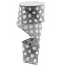 The 2.5 Medium Multi Dot Grey White Ribbon RX9146R7, made of 100% polyester, is unrolled vertically and artistically twisted into a spiral shape against a plain white background.
