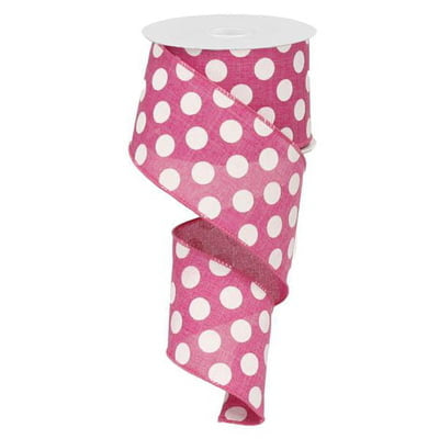 A spool of 2.5 Medium Multi Dot Fuchsia White Ribbon (RX9146TN), partially unrolled and hanging in a loose spiral.