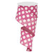 A spool of 2.5 Medium Multi Dot Fuchsia White Ribbon (RX9146TN), partially unrolled and hanging in a loose spiral.