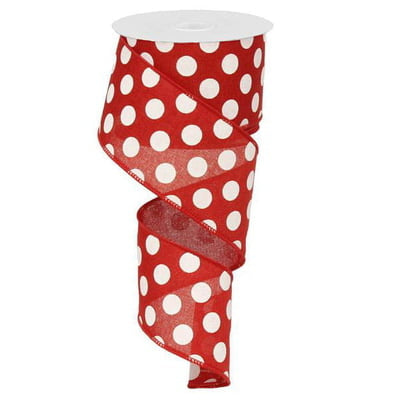A spool of 2.5 Medium Multi Dot Red White Ribbon (RX9146W7), with bold red color and large white polka dots, is partially unrolled and twisted in a spiral shape.