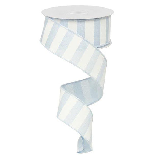 A partially unwound 1.5 Light Blue White Horizontal Stripe Ribbon RX914875 forms a gentle curl against a pristine white background.