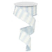 A partially unwound 1.5 Light Blue White Horizontal Stripe Ribbon RX914875 forms a gentle curl against a pristine white background.