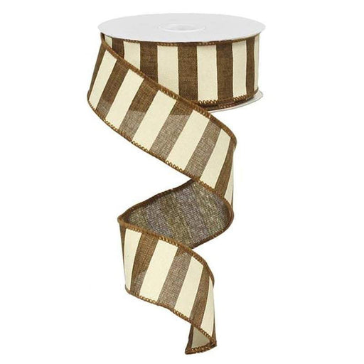 A spool of 1.5 Brown Ivory Horizontal Stripe Ribbon (RX9148TX) is partially unrolled, with the ribbon curling downward in a spiral.
