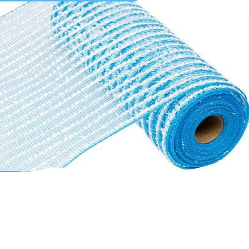A roll of the "10.5\" Cotton Drift Poly Mesh Turquoise White RY810267" netting, partially unrolled on a white background.