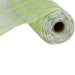 A close-up of the 10.5 Fresh Green Faux Jute Check Mesh RY8306F2, a durable polypropylene material with green and white checks, shown rolled up against a white background.