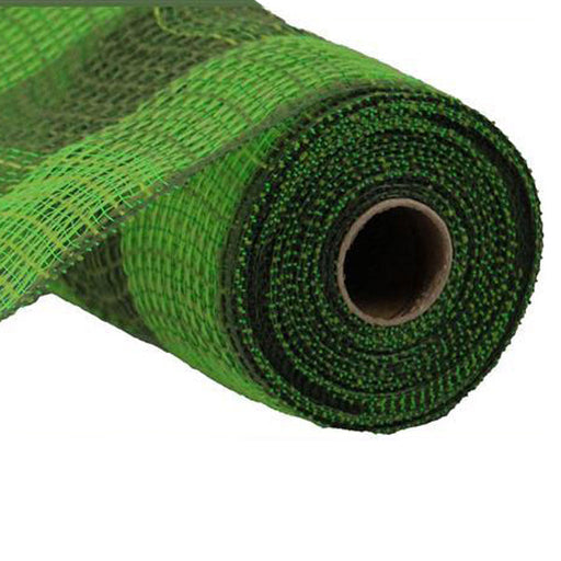 A close-up of the 10.5 Fresh Green & Moss Faux Jute Check Weave Mesh RY8315B5 roll, partially unrolled to showcase its woven texture and sturdy core.