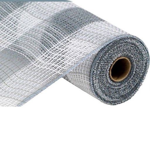 A close-up of the 10.5 Grey White Faux Jute Large Check Mesh RY8315J8 roll reveals its woven textile texture, primarily white with gray accents, wrapped around a cardboard core, ideal for drywall and plastering tasks.