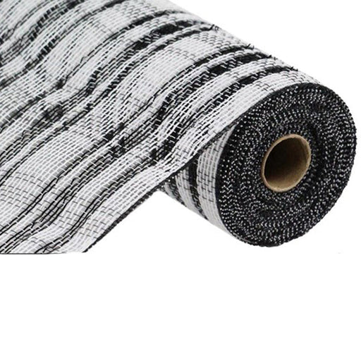 A partially unrolled roll of 10.5 White Black Cotton Foil Check Mesh RY841562 with wavy striped patterns reveals the textured black and white fabric, measuring 10 yards long, tightly wound around a visible cylindrical cardboard core.