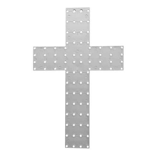 A flat, metallic bracket with pre-drilled holes, ideal for structural support or joining. Its brushed finish enhances its unique form, suitable for crafts like poly mesh arrangements or the 20 Plastic Cross Wreath Board.