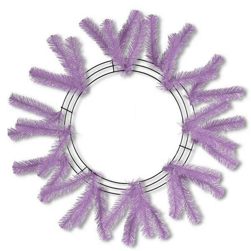 The 24 Work Wreath Lavender XX748813 features a circular wire frame adorned with lavender-colored faux pine branches. These branches are evenly distributed, creating an ideal base for adding mesh netting or seasonal decorations.
