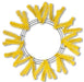 The 24 Work Wreath Yellow XX748829 features black rings adorned with vibrant yellow tinsel sprigs radiating outward like sun rays, creating a festive and decorative holiday piece that brings warmth and cheer to any space.