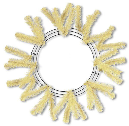The 24 Work Wreath Cream XX748839 features light cream-colored artificial pine branches on a circular wire frame, evenly spaced for holiday projects. Set against a white background, its ideal for your festive creations.