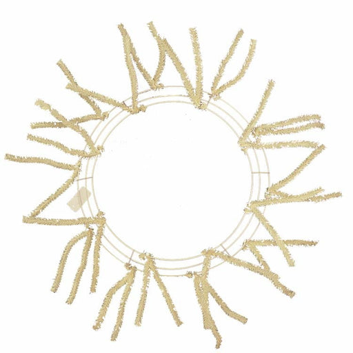 The 24 Cream Pencil Work Wreath XX750439 features a circular metal frame with evenly spaced, twisted beige chenille stems extending outward like rays, creating a striking effect against the plain white background.