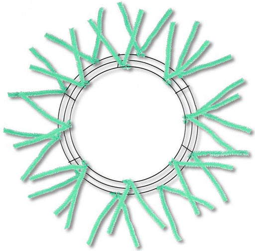 The 24 Pencil Wreath Seafoam Green Non-Metallic XX750470 features a circular design with seafoam green pipe cleaners radiating outward on a white background, highlighting its simplicity.