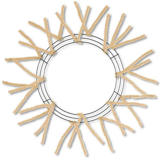 The 24 Pencil Wreath Burlap Color Non-Metallic XX7504W4 features evenly spaced beige pipe cleaners twisted in pairs, radiating outward like sun rays. Set against a plain white background, its ready for decorating or crafting.