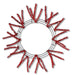 A 24" Pencil Work Wreath Metallic Red (XX751124) frame features vibrant red tinsel branches spreading outward in a sunburst pattern, beautifully contrasting against a white backdrop.