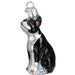 The Boston Terrier Dog 12290 Old World Christmas Ornament features a shiny black and white pup sitting upright with a glittery blue and silver party hat, and a silver loop on top for easy hanging.