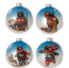 The RAZ 5 Bear in Sweater Ornament Set of 4 features black bears in festive sweaters holding skis, a sled, a scooter with gifts, or presents, each set against blue and white snowy backgrounds—a delightful holiday collection!.